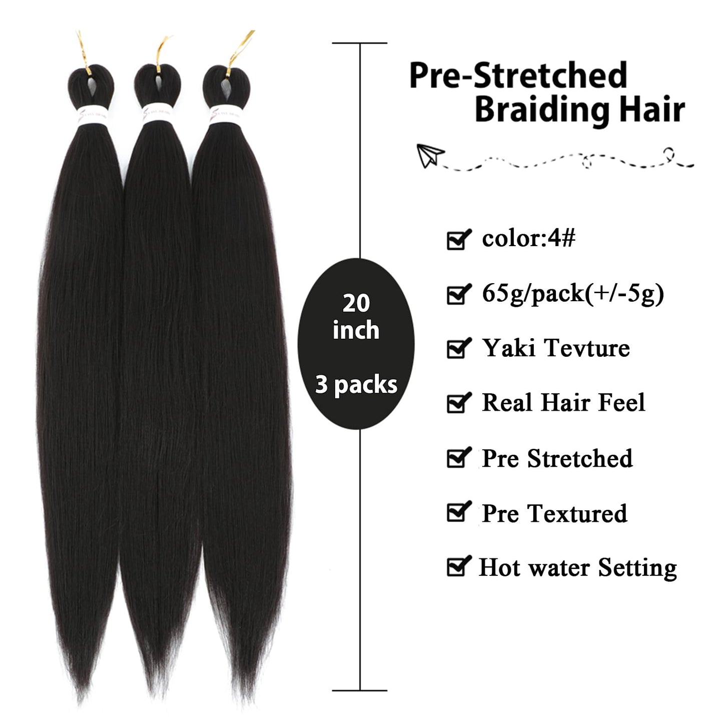 Pre-stretched Braiding Hair Extensions 20 Inch 3 Packs Pre Stretched Braiding Hair Professional Itch Free Synthetic Hair Extensions for Braiding #4(20inch 3Packs)
