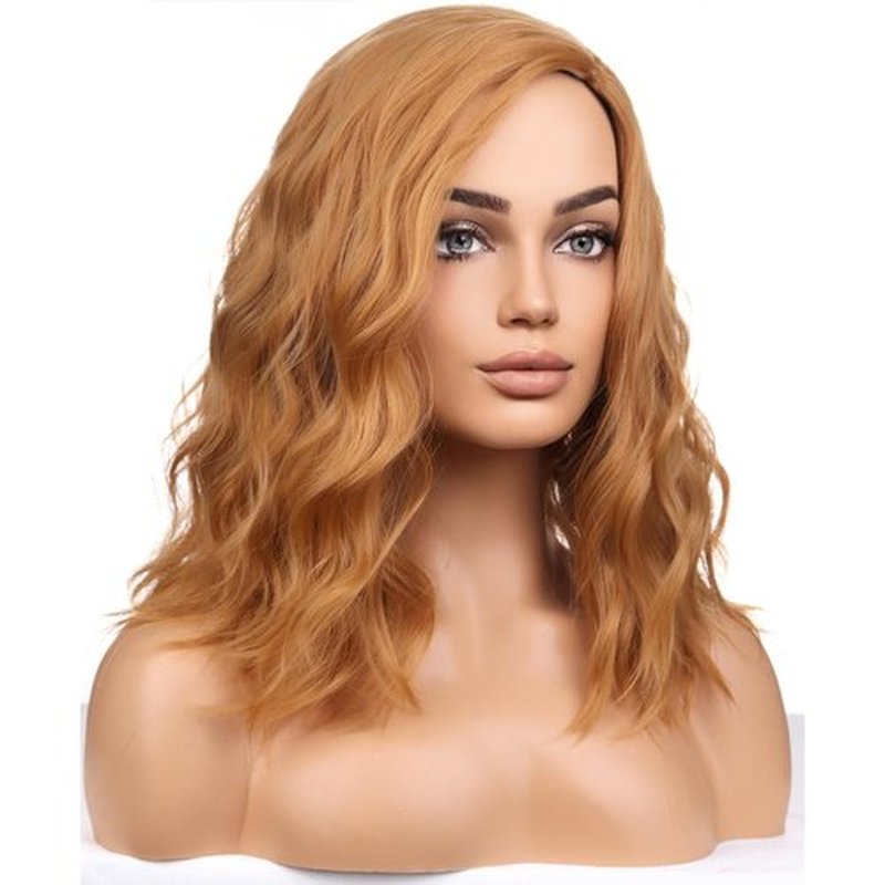 BERON Strawberry Blonde Wigs for Womens Short Curly Wavy Wig Girls Blonde Brown Side Part Wigs Shoulder Length Heat Resistant Synthetic Cosplay Party or Daily Used Wigs