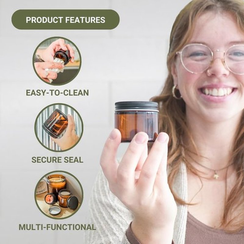 Nature Packaged Glass Amber 2oz Jar - 12 Packs, Empty Round Jars For Beauty Products, Lotion, and Powders - Black Lid - Small Candle Jars