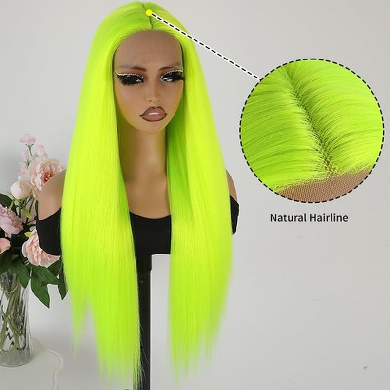 Maycaur Green Lace Front Wigs Long Straight Hair 24 Inch Lime Green Color Wigs for Fashion Women Glueless Synthetic Lace Front Wigs with Natural Hairline