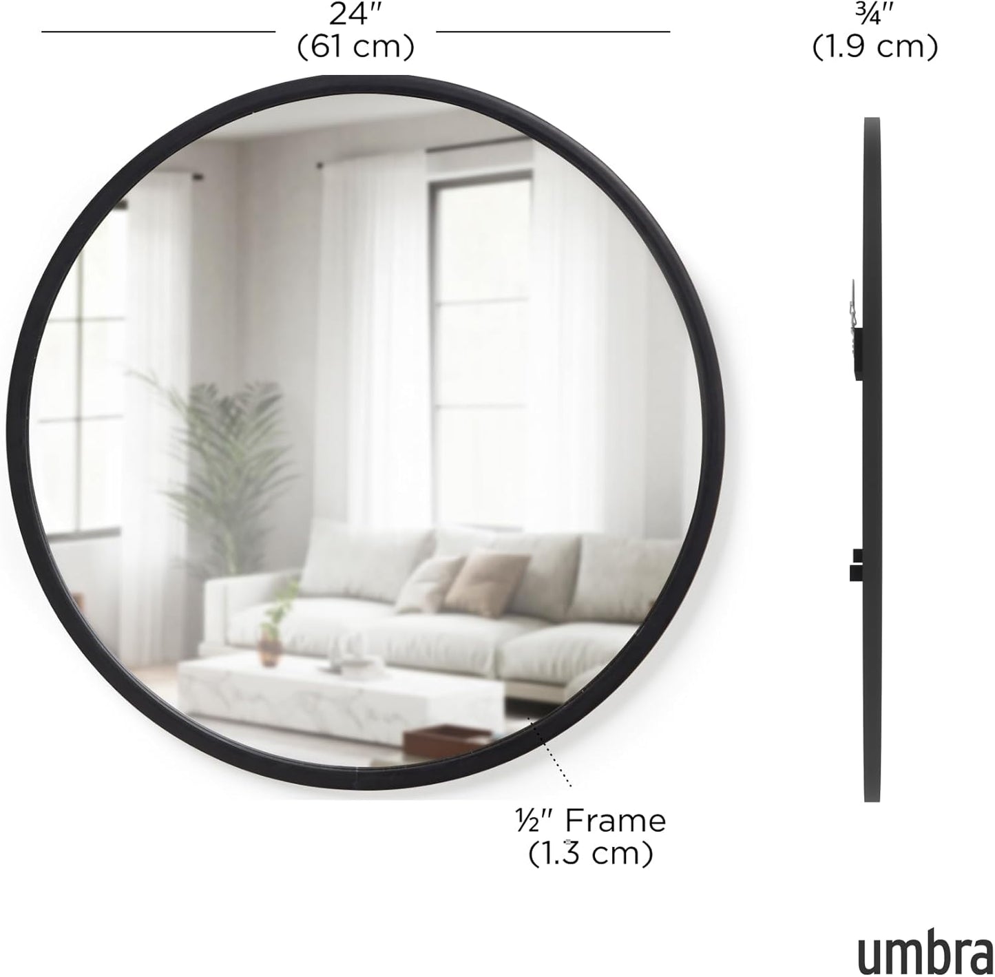 Umbra Hub Round Wall Mirror with Rubber Frame, Modern Style for Bathroom, Entryway, Living Room and More, 24-Inch, Black