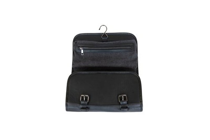 Vetelli Leather Toiletry Bag for Men - Water Resistant, 2 Zippered Internal Pockets, 2 Snap-Fastened Internal Pockets, and Hanging Hook. (Black)