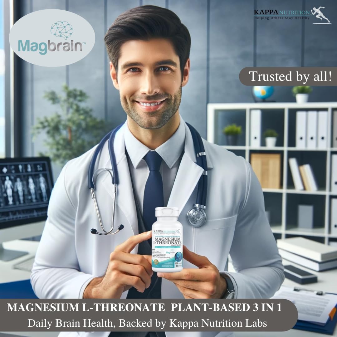 Kappa Nutrition Powered by Magbrain™ Magnesium L-Threonate Plant-Based, 420mg Elemental Magnesium (3 Capsules) from 2,253mg, 120 Vegan Capsules, Brain, Sleep & Muscle Support.