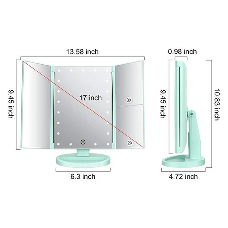 Flymiro Tri-fold Lighted Vanity Makeup Mirror with 3x/2x/1x Magnification, 21 LLED Light and Touch Screen,Dual Power Supply, Portable LED Makeup Mirror, Travel,Women Gift (Green)