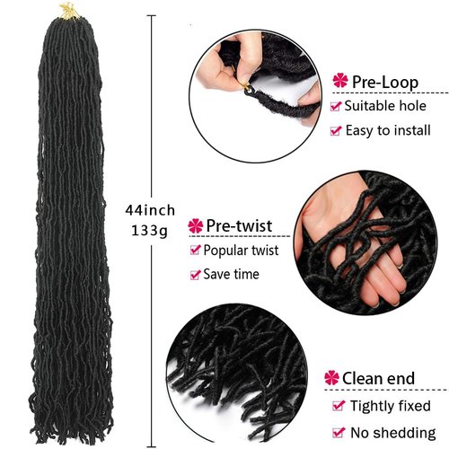 44Inch 6packs Soft New Faux Locs Colorful Long Goddess Locs Crochet Hair Natural Pre Looped Natural Crochet Braid Curly Wave Braiding Hair (44 Inch (Pack of 6), #1B Soft Faux locs)