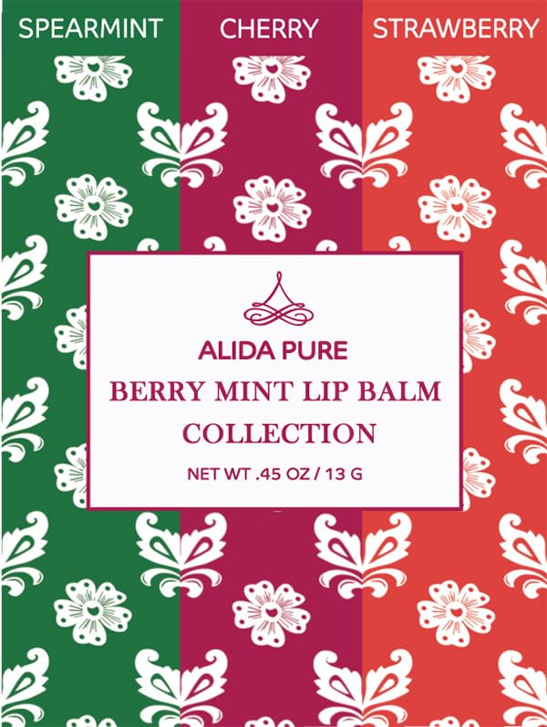 ALIDA PURE Berry Mint Lip Balm Collection, Vegan Lip Balm Set, Bees Wax Free, Coconut Oil Free, Avocado Oil, Organic Jojoba Oil, Vitamin E, Natural Moisturizer For Dry Cracked Lips, 3 Tube Set