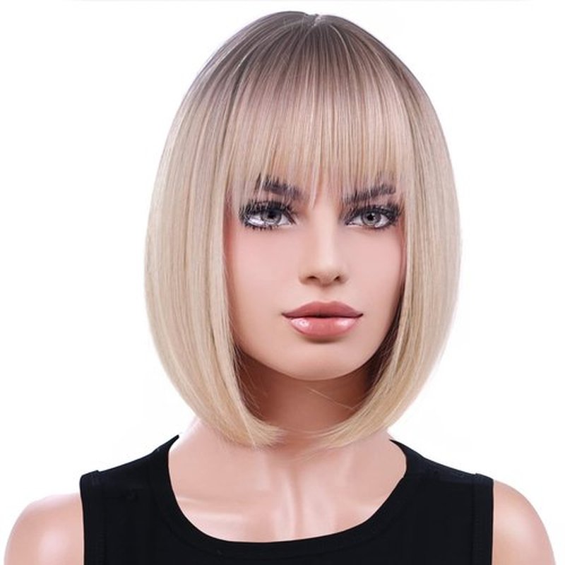 WTHCOS Ombre Blonde Bob Wigs for Women Short Straight Blonde Wig with Bangs Blonde Wig with Dark Roots Mixed Blonde Wigs Synthetic Wigs with Wig Cap (Ombre Blonde)