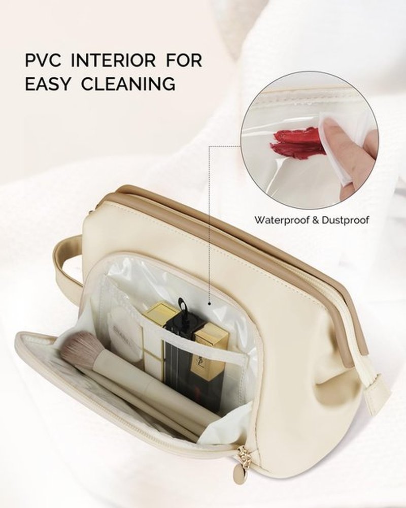 Prite Travel Makeup Bag, PU Leather Waterproof Cosmetic Organizer, Large Wide-open portable Toiletry Bag with Handle(Beige)