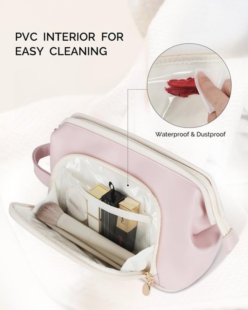 Prite Travel Makeup Bag, PU Leather Waterproof Cosmetic Organizer, Large Wide-open portable Toiletry Bag with Handle(Pink)