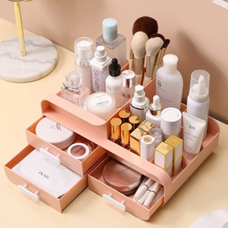 POFUOT skin care organizer,Makeup Desk Organizer With Drawers,Countertop Organizer for Cosmetics,Vanity brush with Holder for Lipstick, Brushes, Eyeshadow, and Desktop (Light pink)