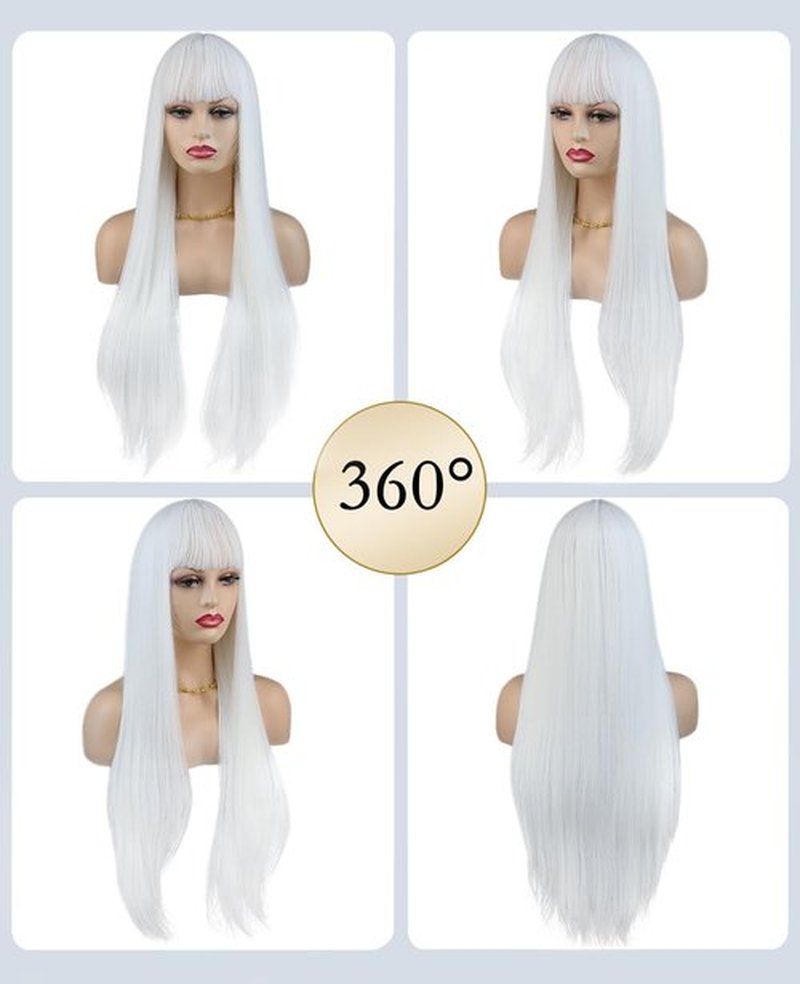 MaxlaceWig White Wig with Bangs for Women, Long 28 Inch Straight White Synthetic Bangs Wig, Natural Looking Heat Resistant Fiber Guleless Wig for Girls Daily Party Use, Halloween Wig Cosplay Wig