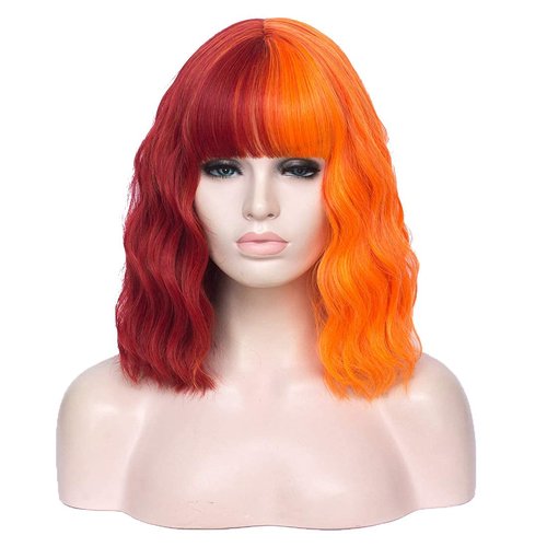 WGPFWIG Women's Red and Orange Wig Short Curly Wavy Wig Shoulder Length Flat Bangs Wig For Women Girl Cosplay Party Halloween Wig Cap Included (Red and Orange)