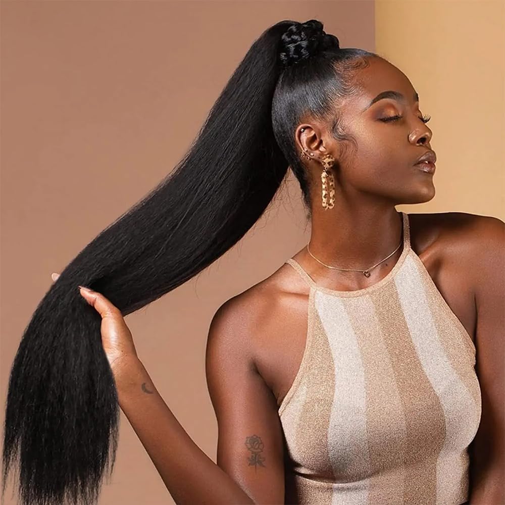 28inch Kinky Straight Clip ins Hair Extensions for Black Women 200g/Pack Full Head Yaki Kinky Straight Synthetic Hair Clip ins Hair Natural Black 4Pcs 11 Clips