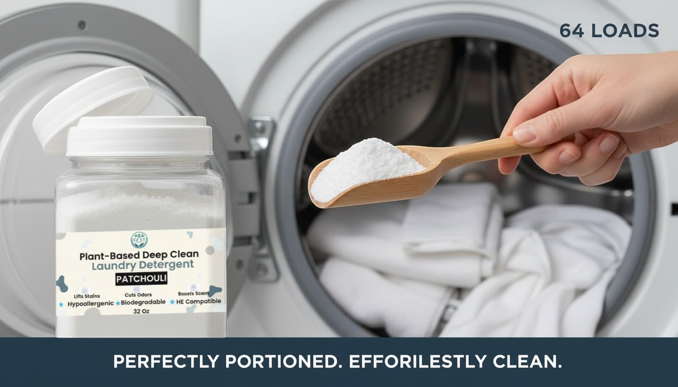 Plant-Based Deep Clean Laundry Detergent (Powder) β Hypoallergenic for Sensitive Skin, Biodegradable | Removes Tough Stains & Odors | Eco-Friendly, HE Compatible | 32 Oz (Patchouli + Sandalwood)