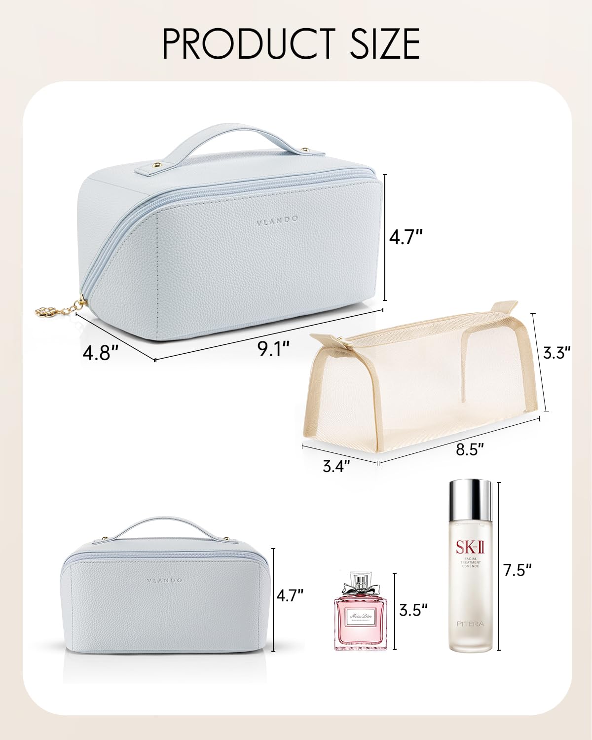 Vlando Makeup Bag,Travel Makeup Bag Waterproof Portable Cosmetic Bag PU Leather Open Flat Make up Organizer for Toiletries,Makeup Brushes Bag Gifts for Teen Girls Women(Baby Blue)