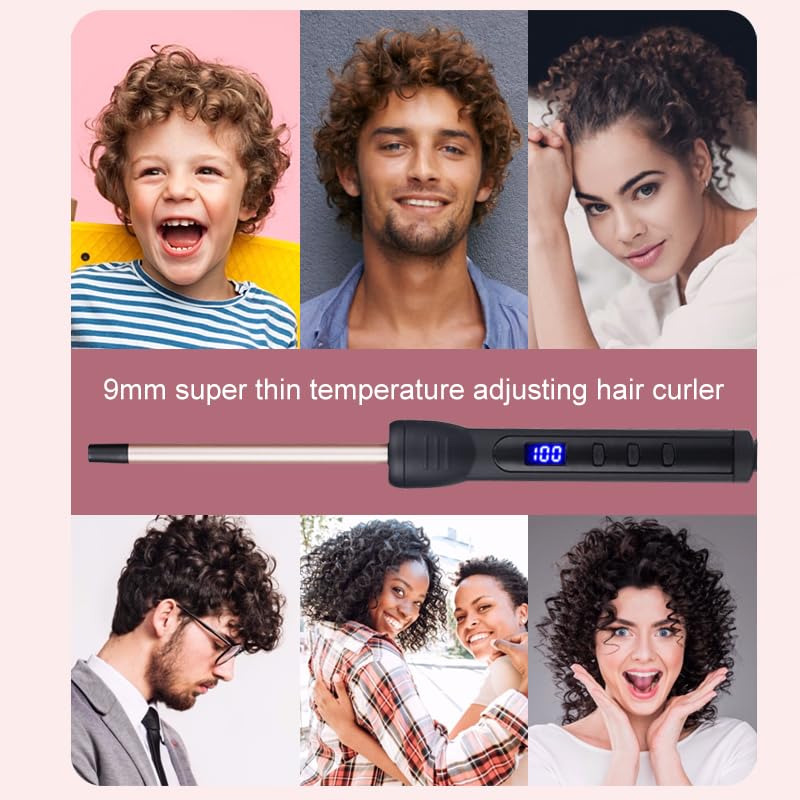 3/8 Inch Thin Curling Iron, 9mm Small Curling Iron with Ceramic Barrel for Short, Medium & Long Hair, LCD Display, Include Glove