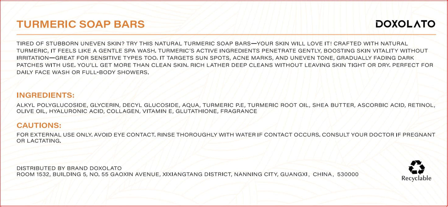 DOXOLATO Turmeric Soap Bars for Face Body - Gentle Cleanser Turmeric Soap Bar for Improve Skin Texture Moisturizing, 3 Bars
