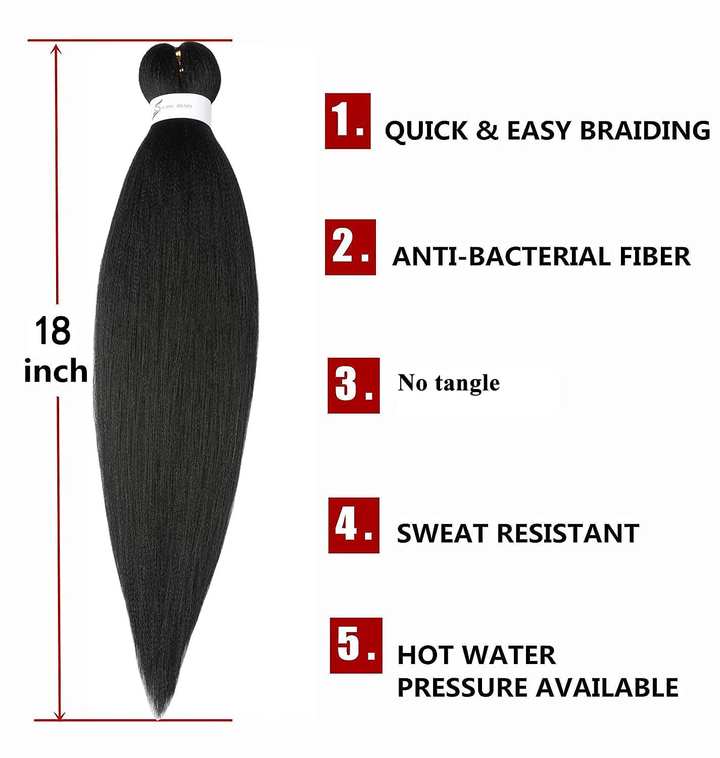 Pre-Stretched Braiding Hair Extensions Black - 18''-8 Packs Synthetic Crochet Braids, Natural Braid Crochet Hair, Hot Water Setting Professional Soft Yaki Texture (18inch,1B)
