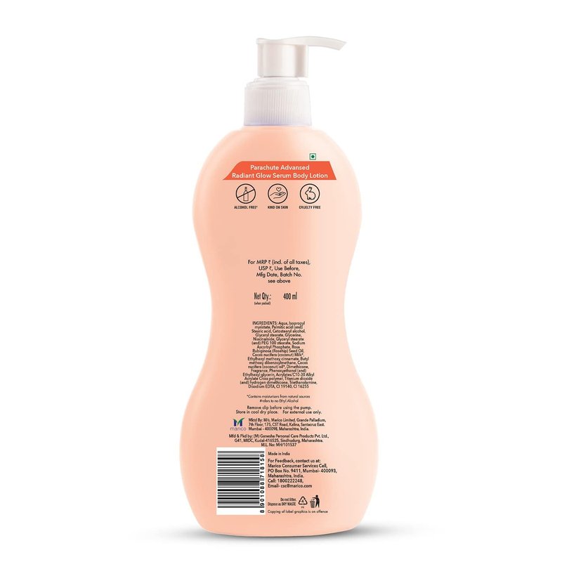 Parachute Advansed Radiant Glow Body Lotion with Coconut Milk, Vitamin-C, Rosehip Oil, Niacinamide, 100% Natural Moisturizers, for All Skin Types, 13.5 fl oz, Pack of 2