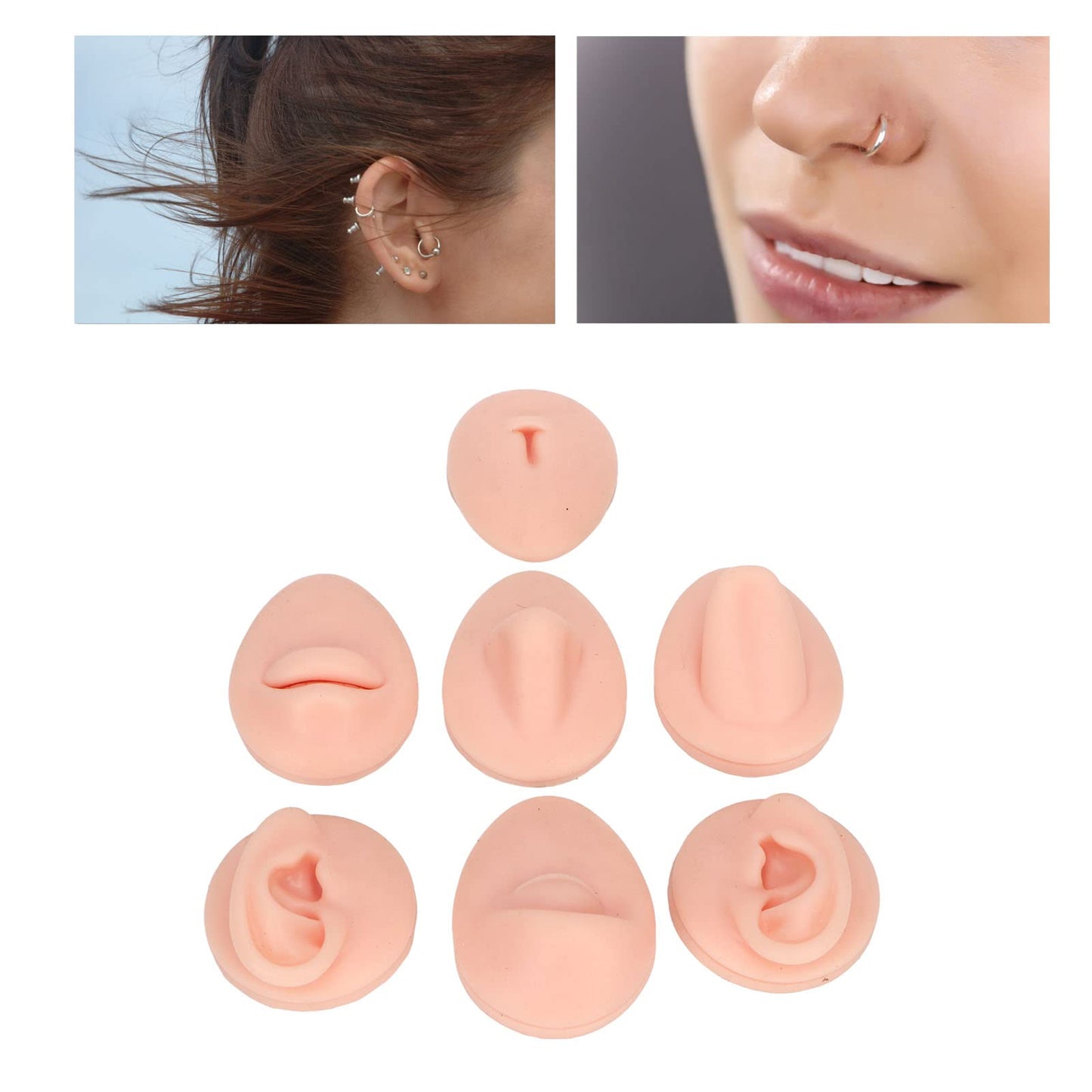 Soft Silicone Flexible Model Body Part Displays Set, Body Piercing Practice Model Simulation Ear Eye Nose Mouth Tongue and Belly Button Model for Novice Piercer (Light Skin Colour)