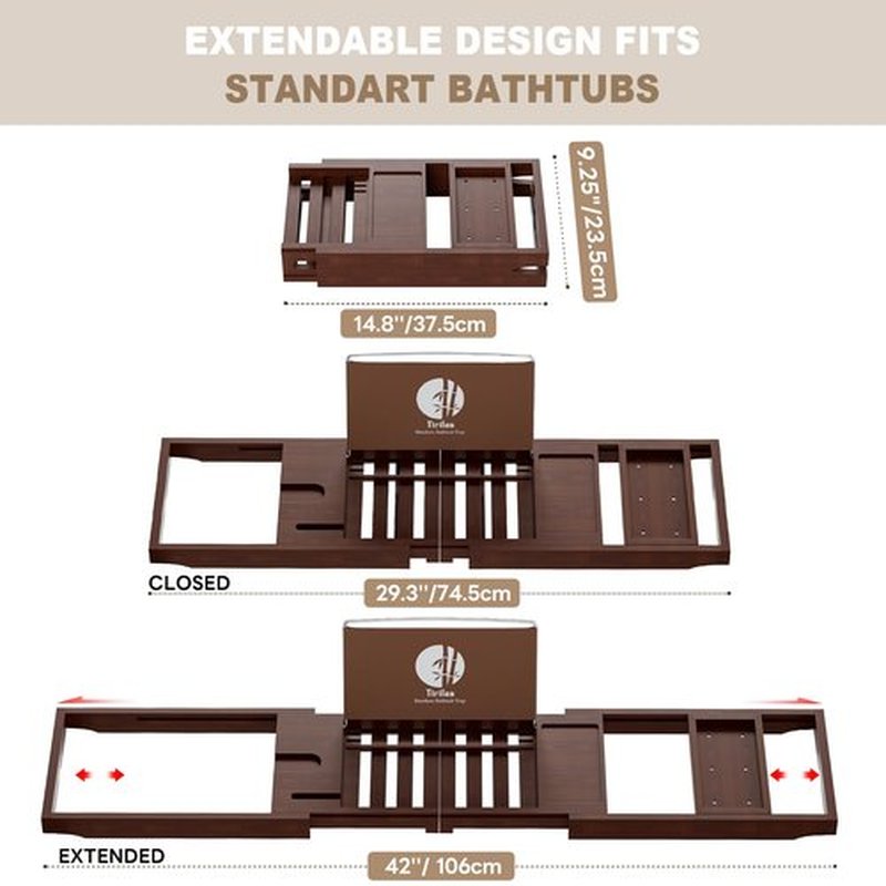Yirilan Bamboo Bathtub Tray Caddy, 1 or 2 Person Expandable Wooden Bathroom Tray, Luxury Bamboo Bathtub Tray Expandable, Bath Tub Table Caddy with Extending, Brown