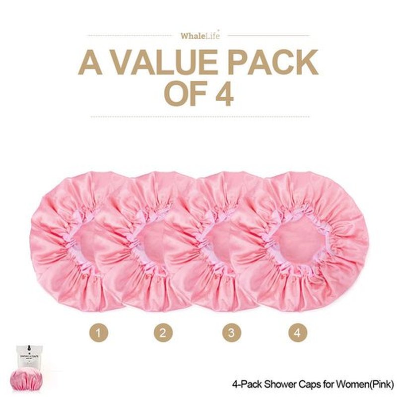 Shower Cap for Women Reusable Extra Large Shower Cap for Men (Pink 4 Pack Large) Satin Double Layer EVA Waterproof Long Hair Cap