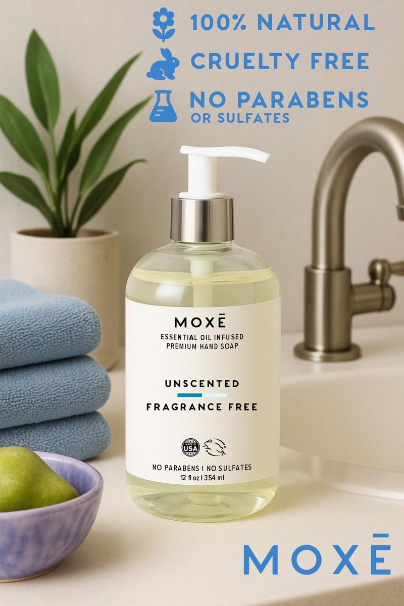 MOXE All Natural Hand Wash – Unscented Fragrance-Free– Gentle Formula, Organic & Plant-Based – For Kitchen & Bathroom – Biodegradable, Vegan, Cruelty-Free, No Sulfates or Parabens – 12 oz