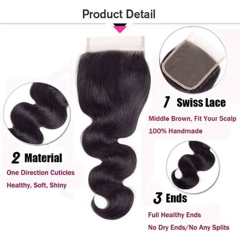 Amella Hair 100% Unprocessed Brazilian Body Wave Bundles with Closure (16 18 20 +14Closure, Natural Black) Virgin Brazilian Hair Bundles Weave with Lace Closure Free Part