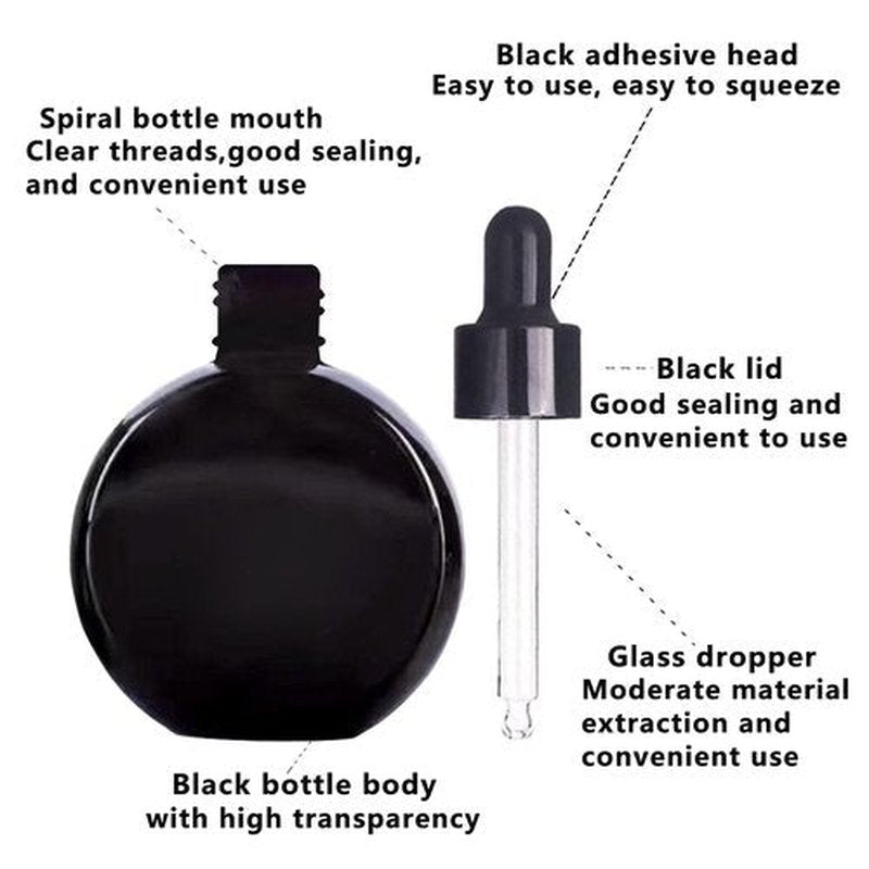 PYAWI 6Pcs, 2 oz Black Glass Dropper Bottles for Essential Oils ,60ml flat round perfume bottle with Eye Droppers, for Essential Oils, Perfumes, Serums - Leakproof for Travel (B-Black)