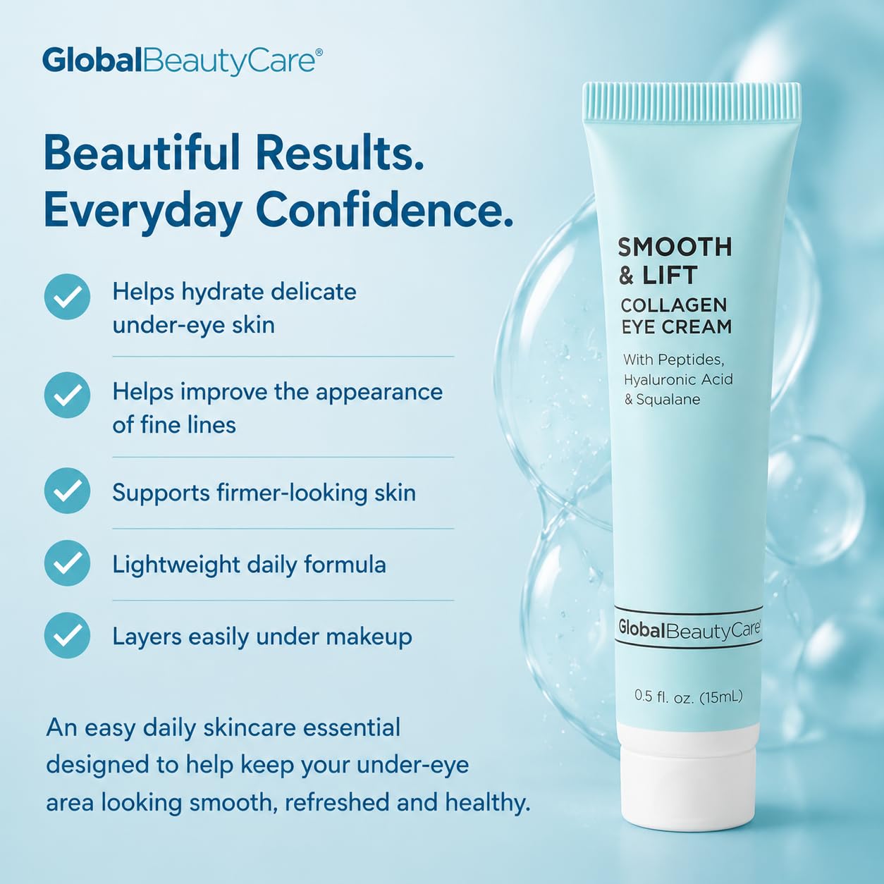 Global Beauty Care Smooth & Lift Collagen Eye Cream - Refining Under Eye Treatment to Support Skin Elasticity with Peptides, Hyaluronic Acid, Squalane & Vitamin E Formula, 0.5 fl oz (2 Pack)
