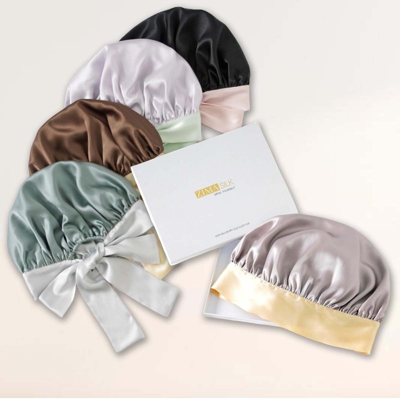 ZIMASILK 100% Mulberry Silk Bonnet for Sleeping Women Double Layer Hair Wrap with Silk Tie Band Natural Cap for Hair Care Stay on Head (1Pc, Purple + Green)