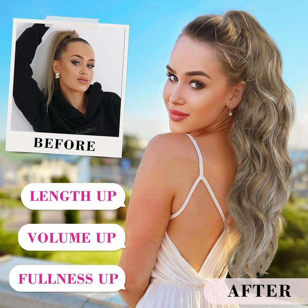 ALXNAN Ponytail Extension,Drawstring Ponytail Hair Extensions Brown with Blonde Highlights Long Wave Ponytail for Women