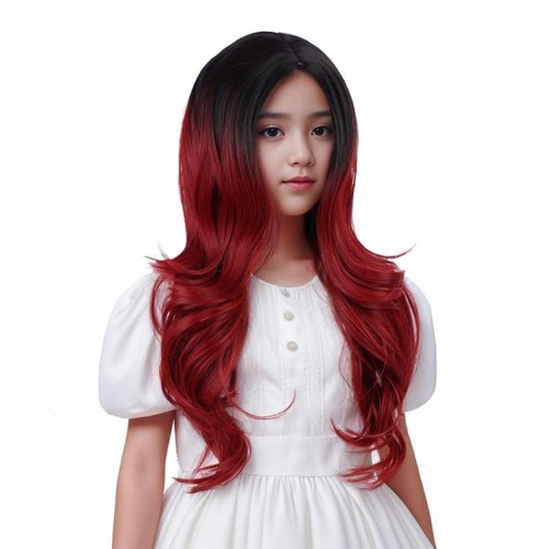 Edivd Black Ombre Red Wig for Kids Long Black Mixed Wine Red Middle Part Wig for Child Long Dark Red Wavy Curly Wig for Girls Heat Resistant Synthetic Wig with Wig Cap