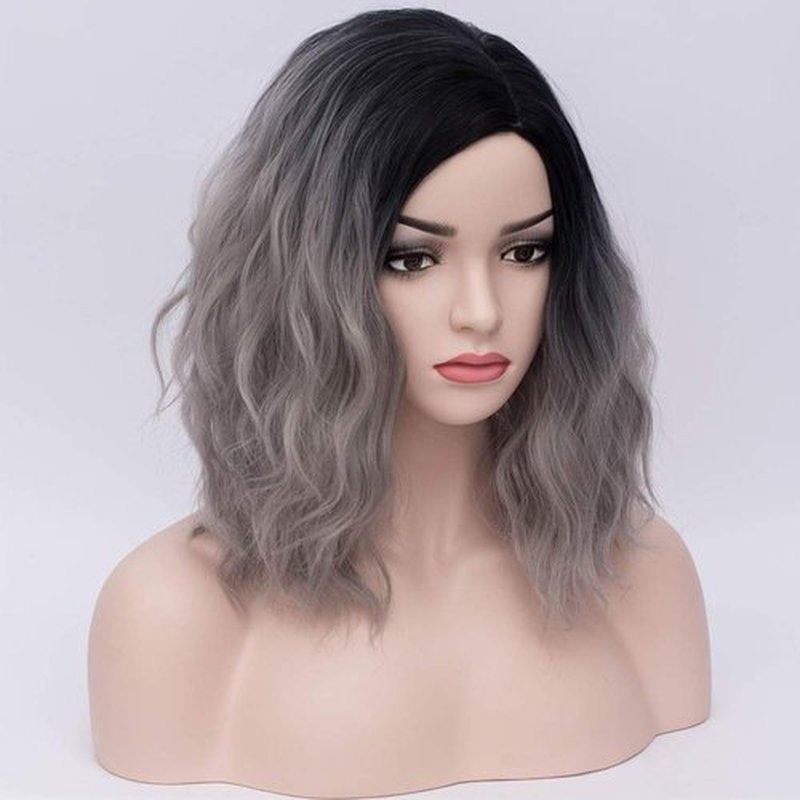 BERON 14" Women Girls Short Curly Bob Wavy Wig Body Wave Halloween Cosplay Daily Party Wigs (Black to Silver Grey)