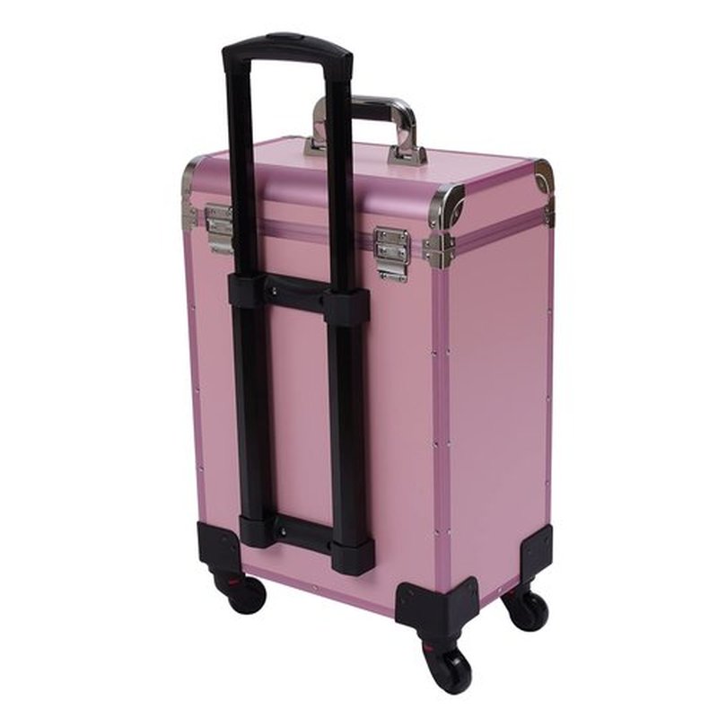 Rolling Makeup Train Case Professional Cosmetic Organizer Trolley with Drawers Compartment Nail Case Wheeled Manicure Pedicure Storage Case for Hair Stylists Makeup Artists (Light Pink & Silver)