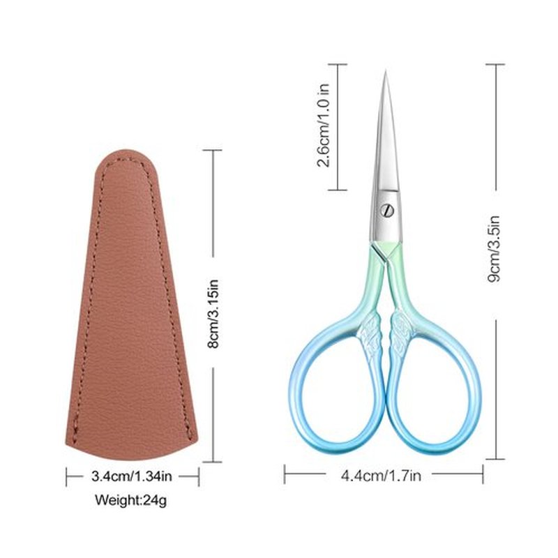 Small facial hair scissors, stainless steel (blue) versatile retro beauty kit for men's and women's bathrooms, nose hair, eyebrows, eyelashes, beard trim, with PU sheath