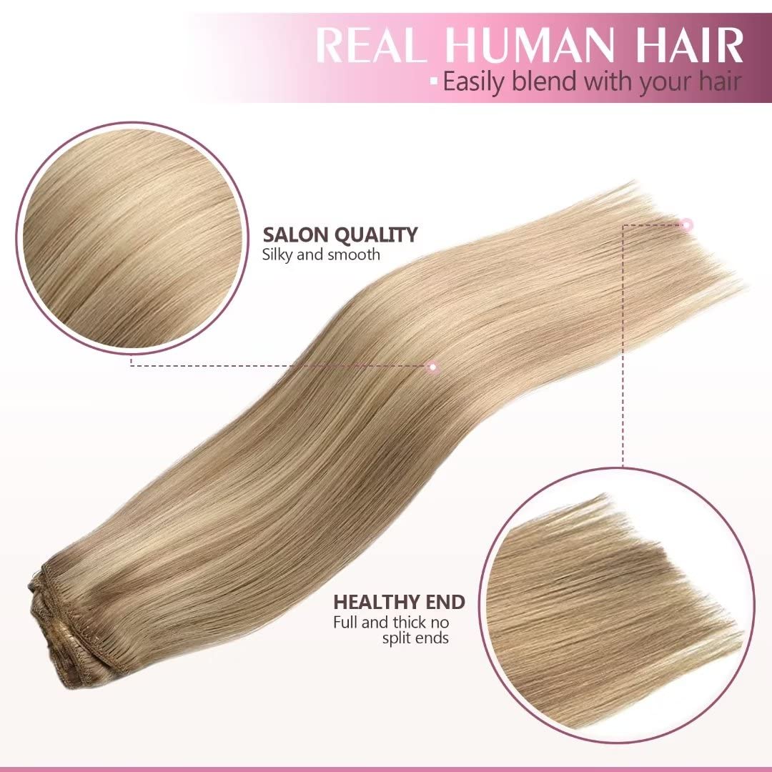 Fimislosion 22" Clip in Real Human Hair Extensions with Double Weft, 7pcs with 16clips,120 Gram (#18/613 Honey Blonde With Bleach Blonde)