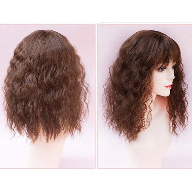 RemeeHi Clip on Curly Wavy Synthetic Top Wiglet Hairpieces for Thinning Loss Hair, Topper Hairpieces with Bangs for Women Light Brown 18 inch(Thin)