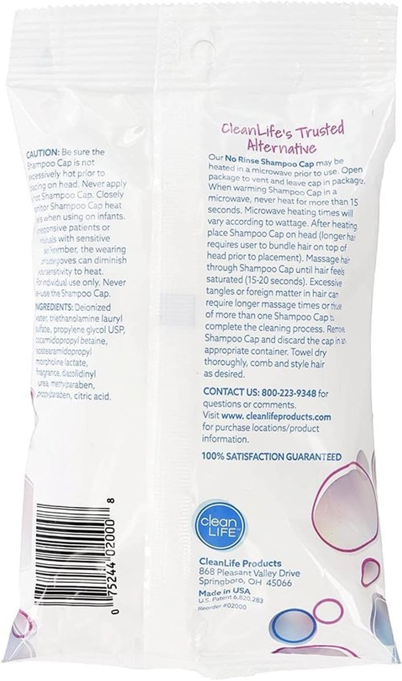 No-Rinse Shampoo Cap by Cleanlife Products (Pack of 6), Shampoo and Condition Hair with no Water or Rinsing - Microwaveable, Rinse-Free, Latex-Free and Alcohol-Free