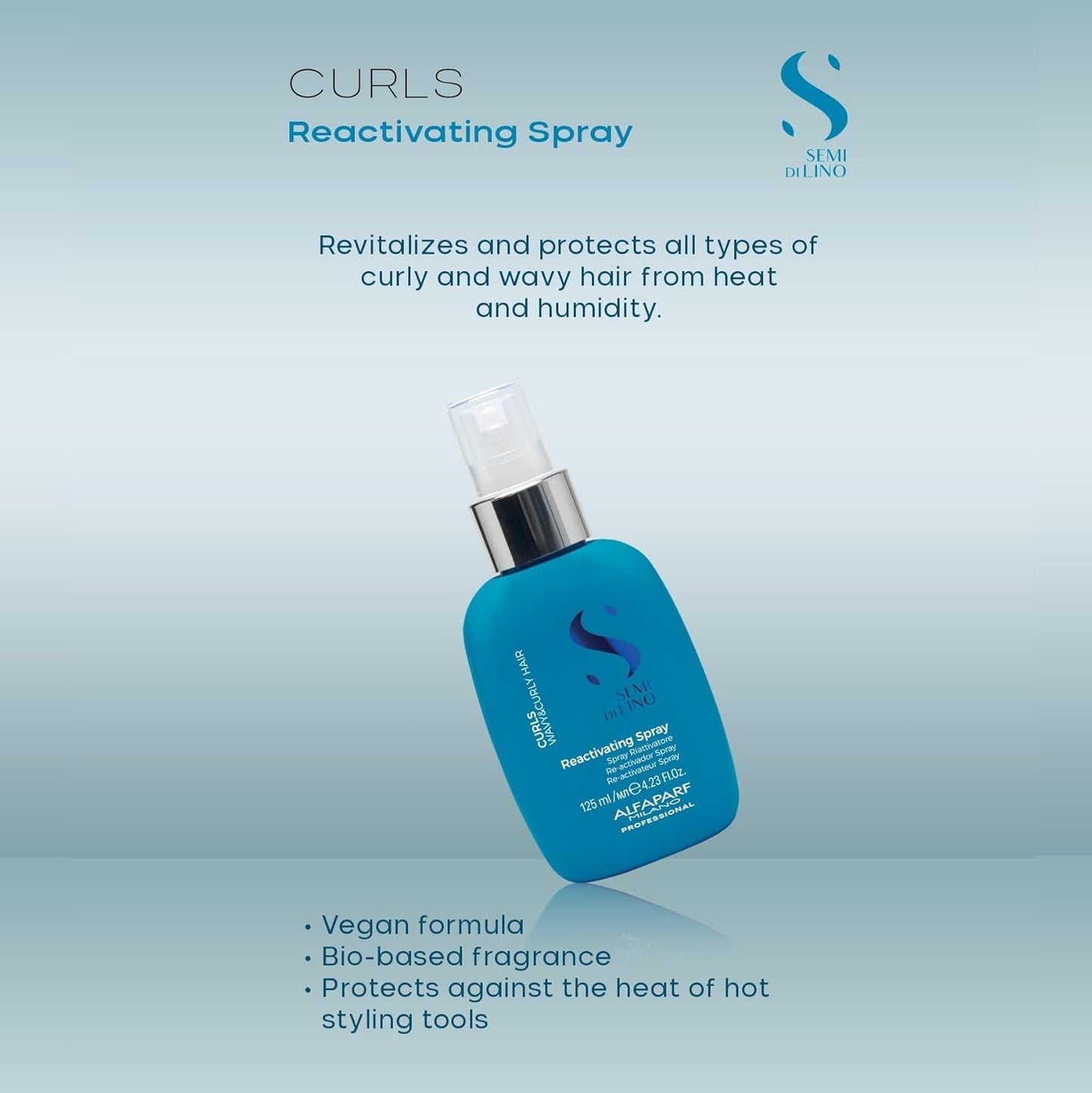 Alfaparf Milano Semi Di Lino Reactivating Curl Spray - Curl Activator, Detangling & Thermal Protection for Restored Shine - Lightweight, Hydrating Product (4.23 fl oz)