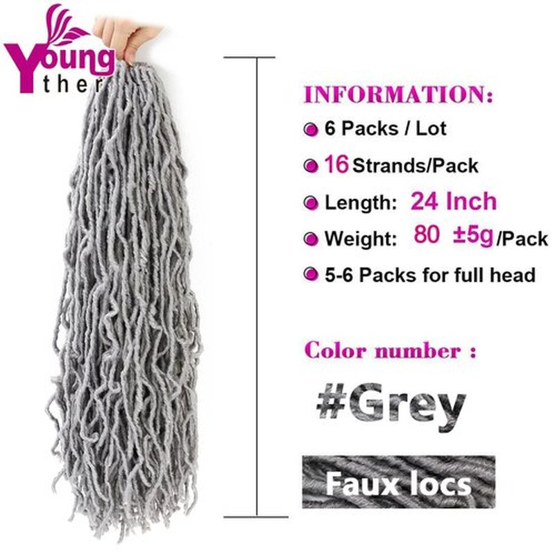 Youngther 24 inch Faux Locs Crochet hair Whole Strand 6 Packs Soft Locs Crochet Faux Locs Synthetic Crochet Braiding Hair Extensions (24 inch (Pack of 6), Grey)