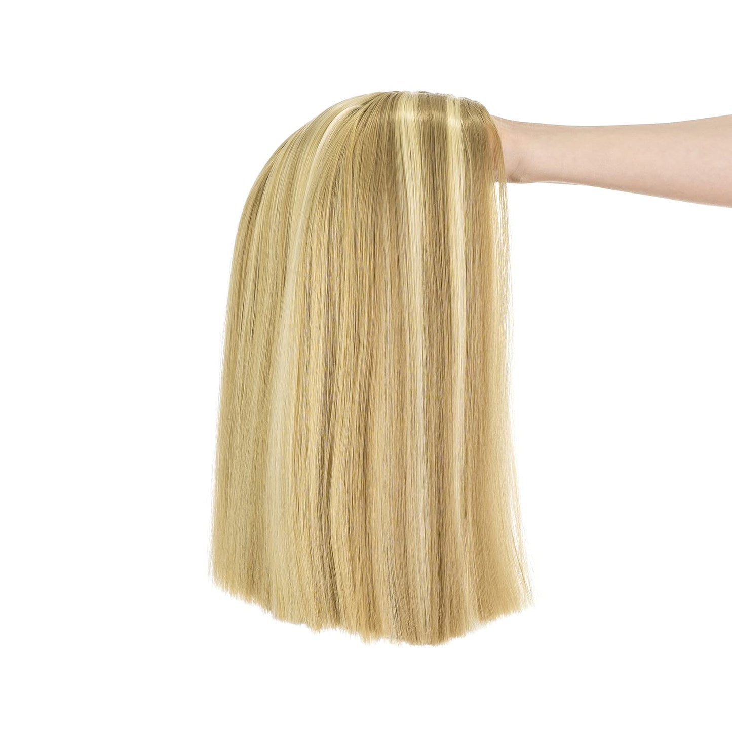 SWACC 12 Inch Short Length Straight Middle Part Hair Wig Synthetic Heat Resistant Wigs for Women with Wig Cap (Dirty Blonde Highlights)