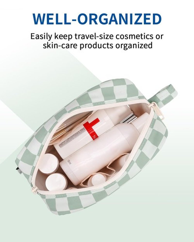 Narwey Small Checkered Makeup Bag for Purse Travel Makeup Pouch Mini Cosmetic Bag Cute Make up Bags Zipper Pouch for Women (Mint Green Checkerboard, Small)