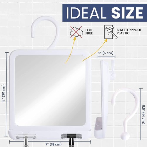 MIRRORVANA Dual Anti Fog Shower Mirror for Shaving with Hook for Hanging and Fogless Shatterproof Surface - Fill Back Chamber/Reservoir with Hot Water for Fog Free Shave (8" x 7", White)