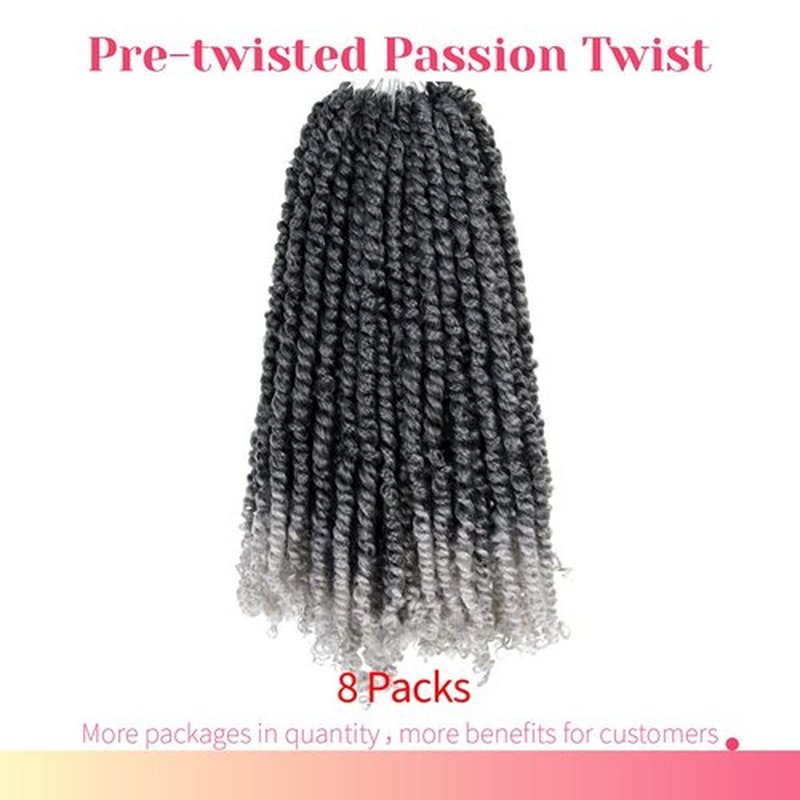 The BOHOBABE Pre-twisted Passion Twist Crochet Hair 16 Inch Short Ombre Gray Pre-looped Crochet Passion Twist Braiding Hair 8 Packs (T1B/grey)