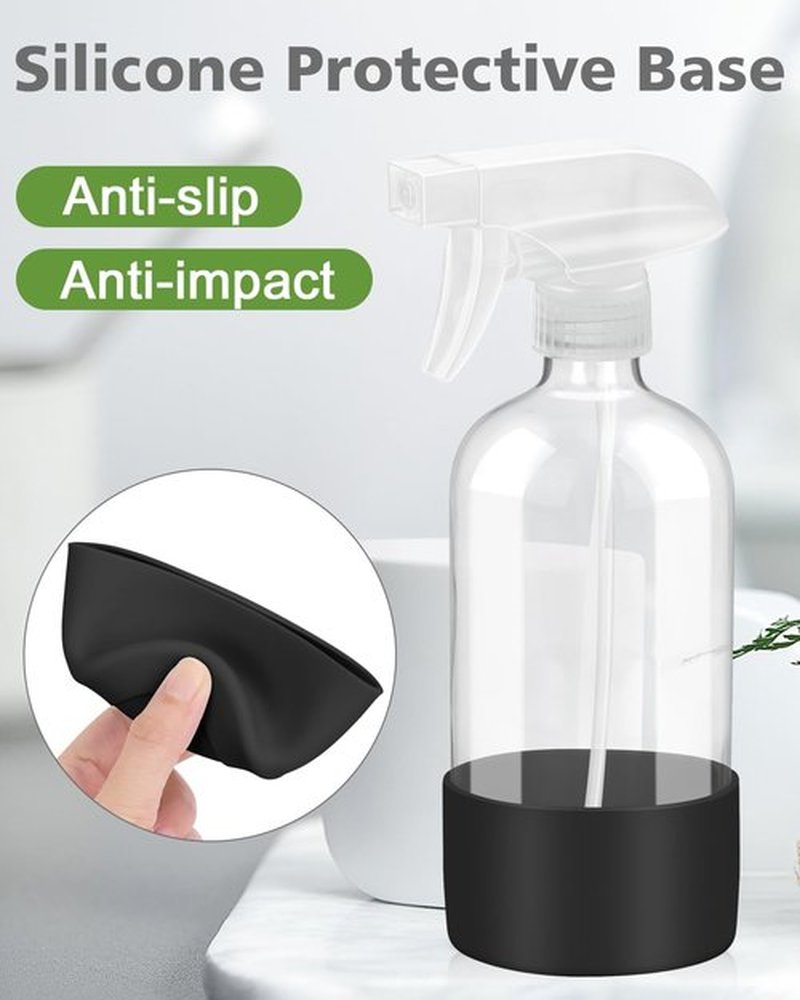 Roinisor Glass Spray Bottles with Silicone Sleeve Protection, Empty 16OZ Reusable Spray Bottles, Refillable Containers with Spray Nozzles for Cleaning Solutions, Plants and Essential Oils 1 Pack Black