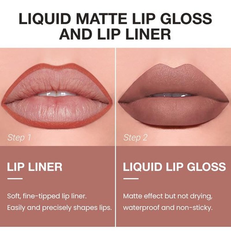 JUAAZIN 1Pcs Lip Liner Pencils and 1 Pcs Lip Gloss Makeup Set, Deep Chestnut Matte Rich Lip Colors Liner Crayon Liquid Lipstick for Sculpting Lips, Long-Lasting Waterproof Longwear Smudge-Proof 03#