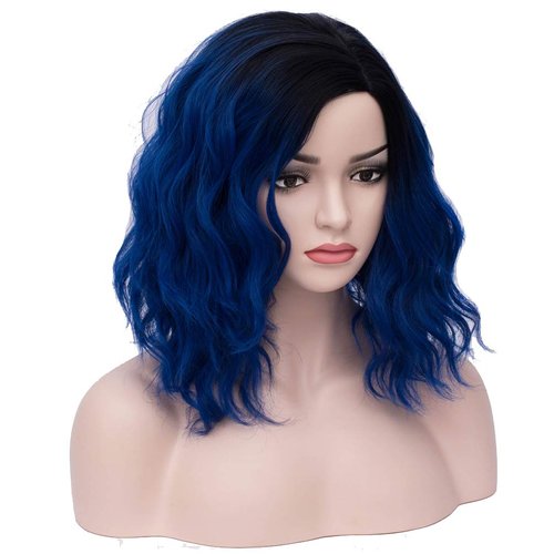 BERON 14 Inches Blue Wig Short Curly Wig Charming Wave Wigs Ombre Blue Wig Bob Wigs for Women Synthetic Wig with Wig Cap