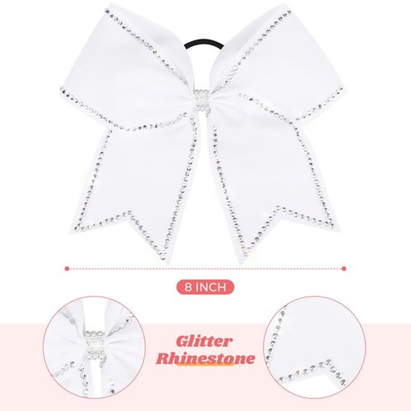 DEEKA 10 PCS 8" Rhinestones Large Cheer Hair Bows Glitter Cheer Ponytail Holder Handmade for Teen Girls Softball Cheerleader Sports -White