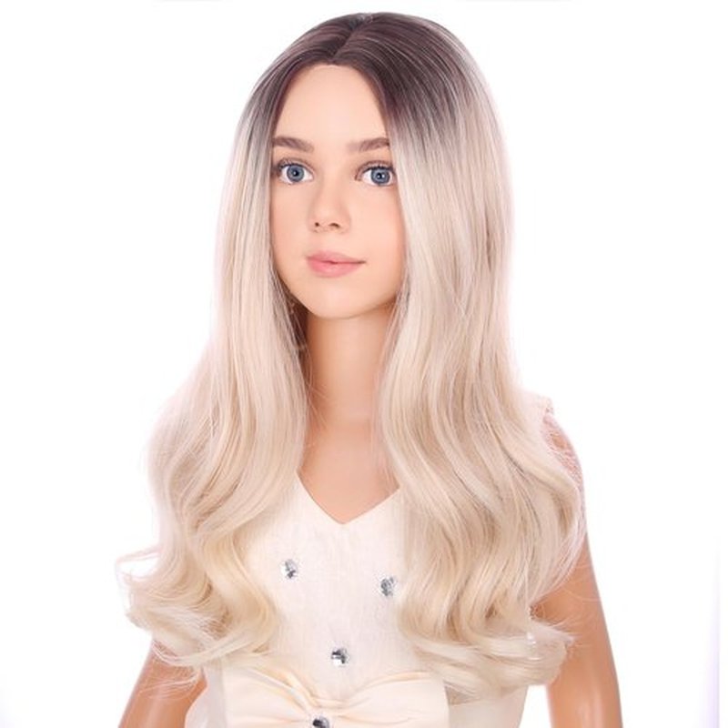 PATTNIUM Long Blonde Wigs for Kids Child Wig Long Curly Wavy Wig Ombre Blonde Wig Middle Part Girls Wig Black to Blonde Long Wigs Heat Resistant Synthetic Hair Wig with Wig Cap